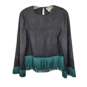 Anthropologie Harlyn Size small Blouse Top fringe western black green suede